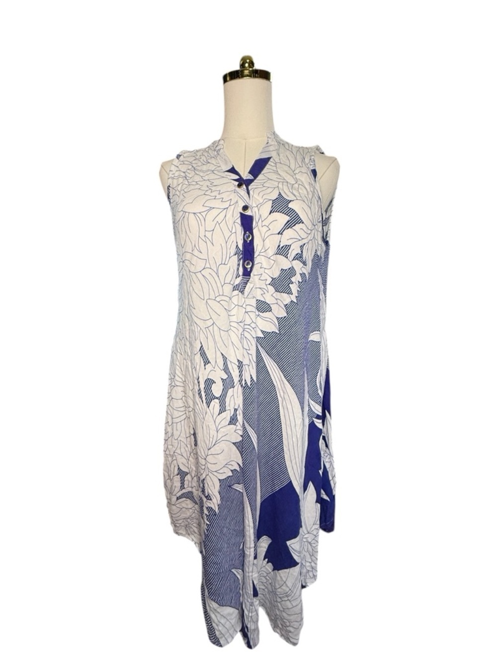Sleeveless Asymmetrical Blue Floral Midi Dress by